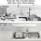 MAJALiS Expandable Stainless Steel Over The Sink Dish Drying Rack for Small Kitchen Counter Space Saving, Compact RV Plate Drainer Strainer in Black Wire Metal with Hanging Adjustable Utensil Holder