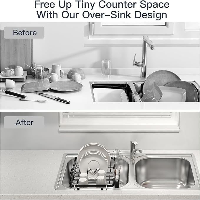 MAJALiS Expandable Stainless Steel Over The Sink Dish Drying Rack for Small Kitchen Counter Space Saving, Compact RV Plate Drainer Strainer in Black Wire Metal with Hanging Adjustable Utensil Holder