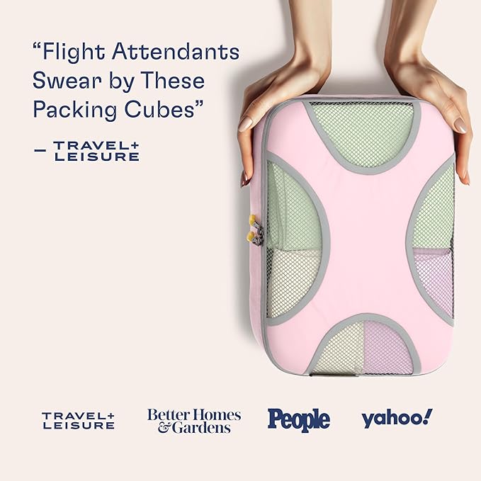 Shacke Premium 8 Packing Cubes Set - Lightweight Mesh Travel Luggage Organizers with Laundry Bag, 8-Piece Suitcase Storage System (Petal Pink)