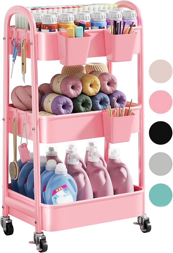 3 Tier Rolling Storage Cart Metal with Wheels, Pink Three Tiered Craft Cart Organizer on Wheels, Utility Carts for Baby Nursery, Diaper Caddy, Art, Book, Snack, Nail, Makeup, Bathroom Supplies, Mesh
