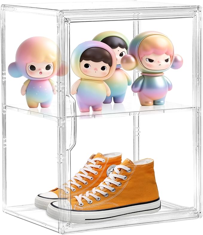 Large Clear Acrylic Display Case Shoe Storage Boxes With An Adjustable Divider,2 Pack 2 Tiers Clear Plastic Stackable Storage Bins With Lids Display Acrylic Box With Magnetic Door