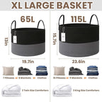JMvicyroam 65L Extra Large Blanket Basket for Living Room - Woven Cotton Rope Laundry Hamper with Reinforced Handles - Storage Bin for Pillows, Comforters & Toys - Machine Washable,Black&Grey