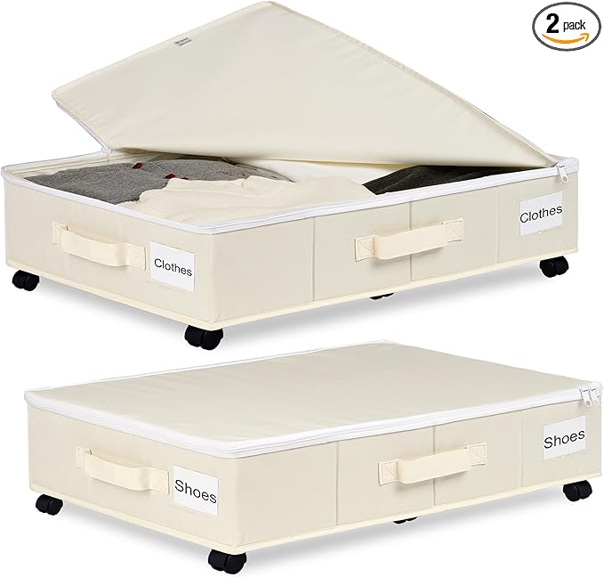 Under Bed Storage with Wheels, 2 Pack Under Bed Storage Containers with Label Holders for Clothes, Shoes and Blankets, Rolling Underbed Shoe Organizer with Cover, Beige (30.71x15.7x7.28 in)