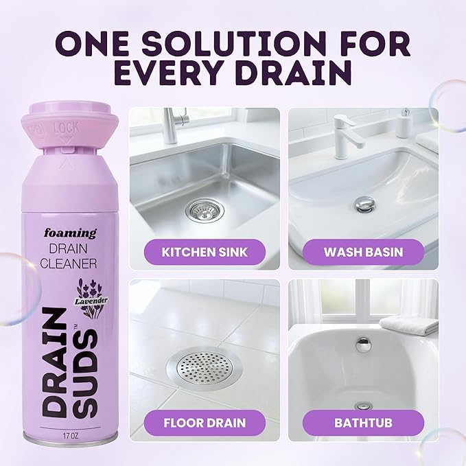 Foaming Drain Cleaner, Sink Cleaner and Deodorizer, Drain Clog Remover for Kitchen Sinks, Bathrooms, Shower Drains, Tubs, Washbasin, Clogged Pipe Opener, Lavender, 1 Pack