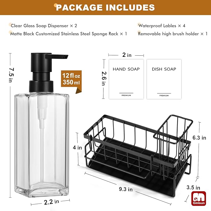 GMISUN Kitchen Soap Dispenser Set, 12 fl oz / 350 ml Dish Soap Dispensers with Sponge Holder, Customized Clear Glass Dish soap Dispenser for Kitchen, Modern Soap Dispensers Set Removable