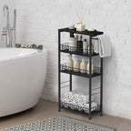 Slim Storage Cart 4 Tier Rolling Kitchen Cart Utility Serving Cart Laundry Room Narrow Cart with Handle Mobile Sheving Unit Organizer Wood Rolling Storage Cart for Bathroom Small Spaces, Modern Black