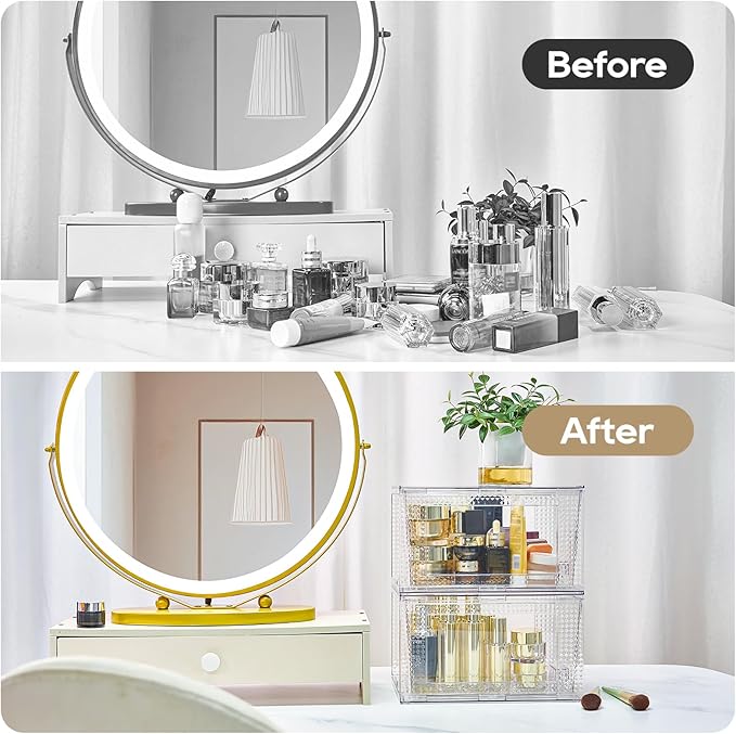 JollyPack 4 Pack Clear Stackable Storage Drawers, Easy to Assemble Multi-Use Bathroom Organizers and Storage, Suitable for Vanity, Bathroom, Makeup, Under Sink, Office, Kitchen and Pantry