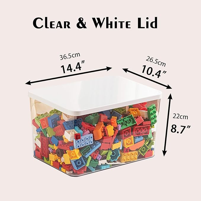 Clear plastic storage bins with LIDS-4packs,storage containers for snacks, cosmetics, books, dog food, Storage Organizer for Nursery，Kitchen, Living room,Bedroom, Bathroom, Office (Clear-White Lid)