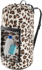 Laundry Bag Backpack, Extra Large Travel Laundry Bag with Mesh Pocket & Adjustable Shoulder Straps,Dirty Clothes Travel Bag for College Students Dorm,Apartment(Leopard Print)