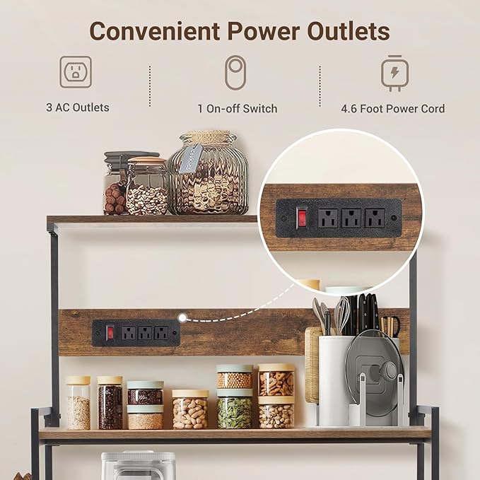 4-Tier Kitchen Baker's Rack with Power Outlet, Microwave Stand and Storage Shelves, Coffee Station Organizer (Rustic Brown)