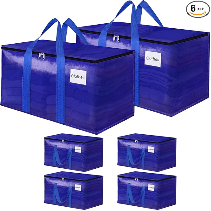 FabSpace Moving Storage Bags, Moving Supplies Packing Boxes for Moving, Camping, College Dorm Room Essentials for Girls, Blue Tote Bags, Heavy-Duty Storage Bins With Lids And Zippers, 93L 6 Pack