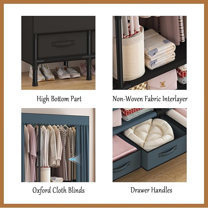 Portable Closet,Garment Rack,Heavy Duty Clothes Rack with Cover,Wardrobe Closet with 1 Hanging Rods, 2 Storage Shelves,27.5" L x 17.7" W x 67.7" H,Black