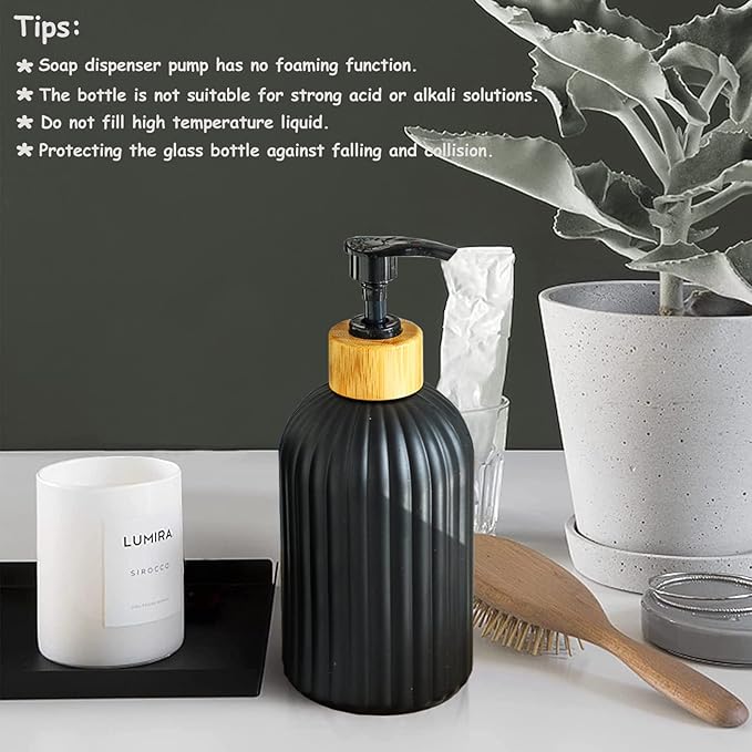 Black Glass Soap Dispenser Set with Bamboo Pump, 13.5oz Refillable Liquid Hand Soap Dispenser, Lotion Dish Soap Dispenser for Modern Home Decor, Bathroom, Kitchen Countertop, Hotel(2 Pack)