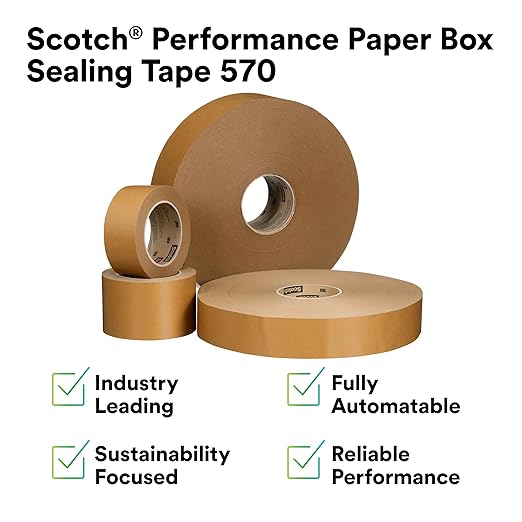 3M Scotch Performance Paper Box Sealing Tape 570, 1.9" x 55 yd (48 mm x 50 m), 1 Roll, Brown, Recycle-Compatible, Great for Packaging, Shipping, and Moving