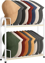 SWTYMIKI Hat Stand for Baseball Caps - 2 Tier Wood & Metal Tabletop Hat Organizer Storage Display Rack, Holds up to 20 Caps for Desk, Closet Shelf, Dresser (White)