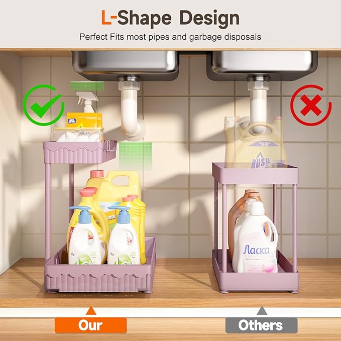 3 Pack Multi-Purpose Under Sink Organizers and Storage, 2025 L-Shaped Pull Out Cabinet Organizer for Bathroom & Kitchen, Under Cabinet Organizer with Hooks Hanging Cup, Pink