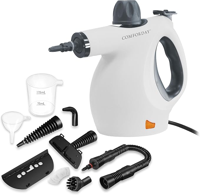 Comforday Multi-Purpose Steam Cleaner with 9-Piece Accessories, Pressurized Handheld Steam Cleaner, Perfect for Stain Removal, Curtains, Car Seats, Floor, Bathroom (White)