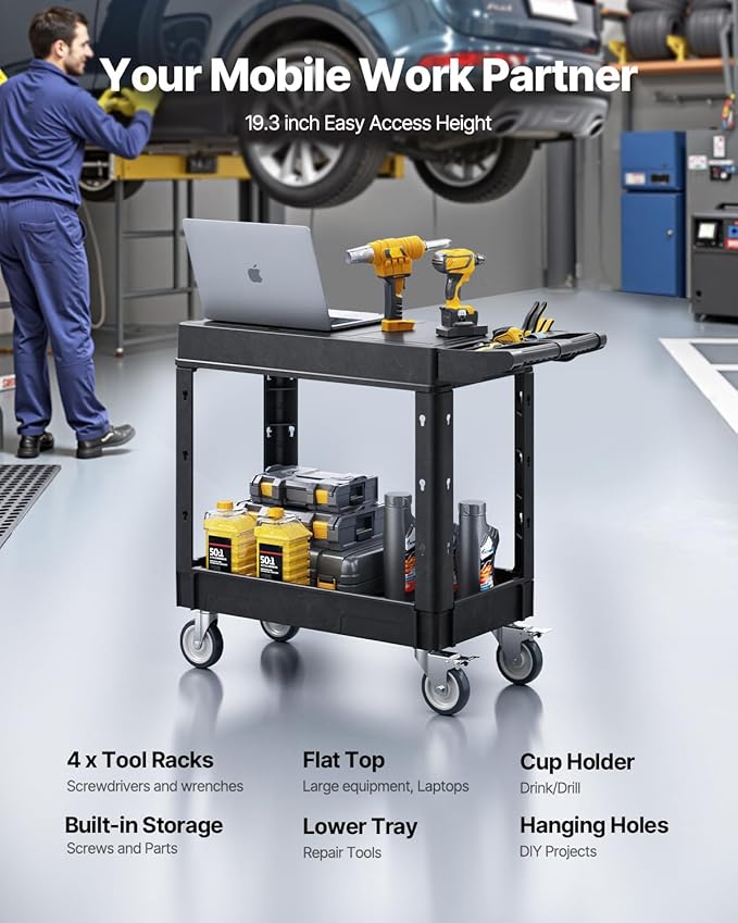 VEVOR Utility Cart, 550 lbs Load Capacity, 31.3 x 17.7-inch Service Cart, Two-Shelf Heavy Duty Plastic Utility Cart with 360° Swivel Wheels (2 with Brakes), Suitable for Warehouse, Garage, Cleaning