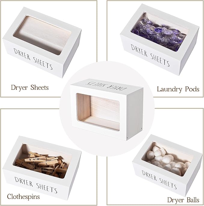 zoocatia Laundry Room Decor Dryer Sheet Container Wood Detergent Dispenser Organization and Storage Box Holder for Laundry Pods, Dryer Balls, White
