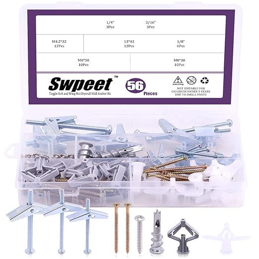 Swpeet 56Pcs Toggle Bolt and Wing Nut with Hollow-Door Drywall Toggle Anchors Assortment Kit, Zinc Hollow-Wall Anchor Self-Drilling Drywall Anchors with Phillips Screws - 1/8 Inch, 3/16Inch, 1/4Inch