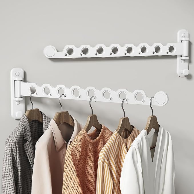 Wall Mounted Clothes Hanger Rack Foldable Drying Rack Hook Folding Indoor for Laundry Room Organization Bedroom Collapsible Racks Perfect for Small Spaces, 8 Hole White 2 Packs