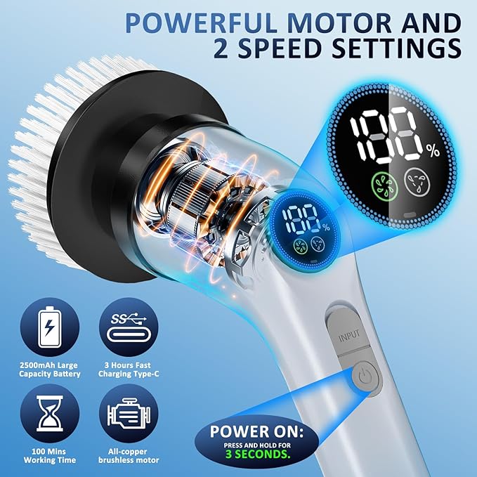 Electric Spin Scrubber Upgraded Battery with Extra-Long Runtime, IPX7 Waterproof Power Cleaner with 7 Brush Heads, 2 Speeds Adjustable Long Handle for Bathroom, Floor, Shower, Tile & Kitchen Cleaning