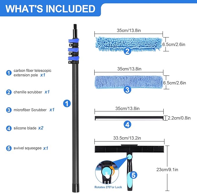 DOBEN 24-Foot Carbon Fiber Window Cleaner Tool with Telescopic Extension Pole, Rotating Scrubber & Squeegee - Durable Lightweight Design for Indoor/Outdoor Glass Cleaning