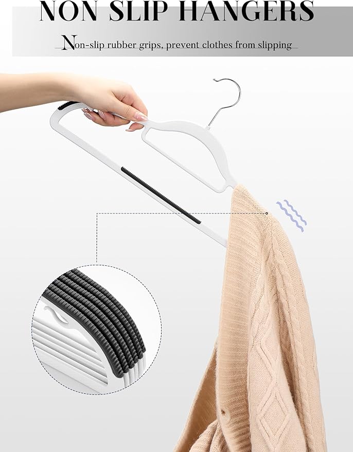 HOUSE DAY Plastic Hangers 50 Pack, Plastic Clothes Hangers Non Slip with Rubber Grip, Heavy Duty Coat Hanger with 360º Swivel Hook, Ultra Thin Hanger Space Saving Closet Organizer - White and Black
