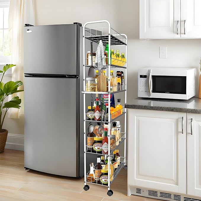 6 Tier 10in Slim Rolling Storage Cart with Handle, White Mobile Shelving Unit with Wheels, Metal Wire Storage Rack with Baskets for Kitchen Bathroom Office Laundry Narrow Piaces