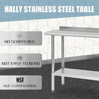 Hally Stainless Steel Table for Prep & Work 18 x 48 Inches, NSF Commercial Heavy Duty Table with Undershelf and Backsplash for Restaurant, Home and Hotel