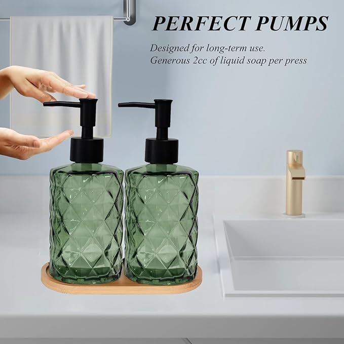Glass Hand and Dish Soap Dispenser Set of 2 with Plastic Pumps, Bamboo Tray, 12oz Green Bathroom Soap Dispenser with Diamond for Hand Wash & Dish Wash, Ideal for Bathroom Kitchen Countertop