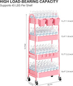 4 Tier Metal Rolling Cart with Lockable Wheels and Handle, Four Tiered Pink Trolley Cart on Wheels, Utility Storage Organizer for Bathroom, Kitchen, Teachers, Art, Crafts, Baby Diaper, Snack, Nail