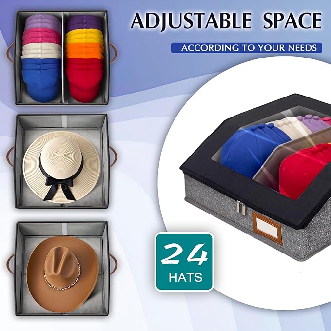 2-in-1 Hat Organizer for Baseball Caps Holds 24-30 Hats Holder for Closet with Clear lid Stackable Hat Storage with Adjustable Space Cowboy Hat Box for Men Women 1 PCS Black and Grey