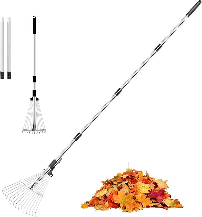 Garden Rake for Leaves, Heavy Duty Metal Adjustable Leaf Rake for Lawns, Length 37"-68", Adjustable Expandable Head 8"-15", Garden Tools for Lawn Garden Yard Flowers Beds Bush