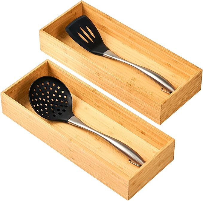 Umilife Bamboo Kitchen Utensils Organizer, Extra High Silverware Drawer Tray, Flatware Cutlery Storage Box, Multi-Use Holder in Office, Bathroom, Pantry - 15"x6"x2.5" (Set of 2)