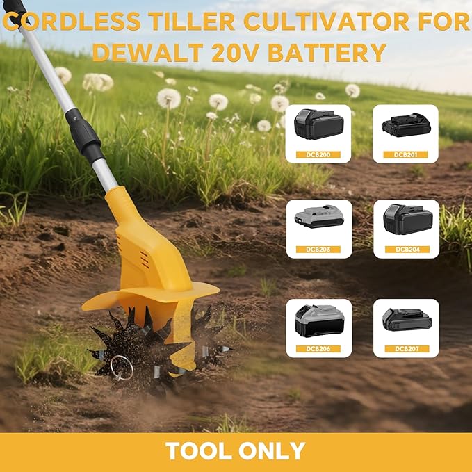 Cordless Tiller Cultivator for Dewalt 20v Battery, 500W Brushless Garden Tiller, 8.7" Tilling Width and 6.3" Depth, 330RPM Electric Rototiller for Gardening, Soil Cultivation(No Battery)