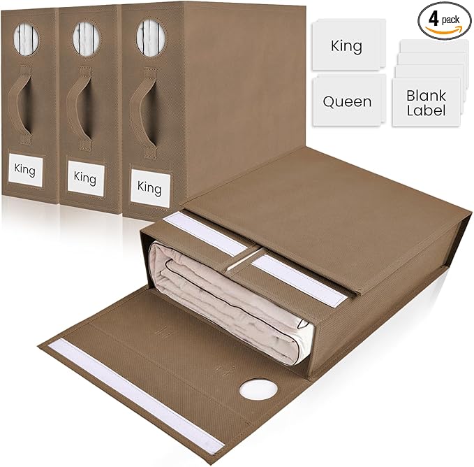 4 Pack Bed Sheet Organizer and Storage, Foldable Storage Organizer for Linen Closet with Viewing Window & Label for Bedding Sheets & Blankets (Queen & King Size) Taupe