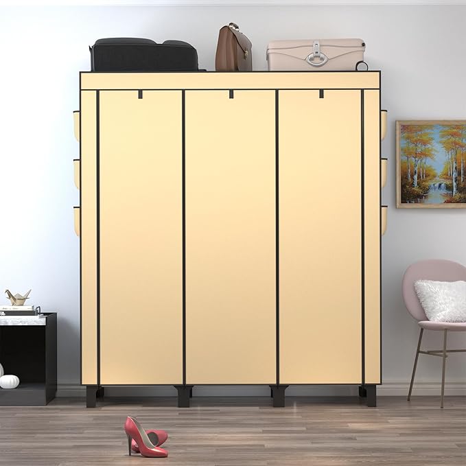 Portable Wardrobe with 10 Storage Racks and 2 Hanging Poles 6 Side Pockets Fleece Cover, Size 130 x 45 x 172 cm, Bedroom Closet Organizer (Beige)