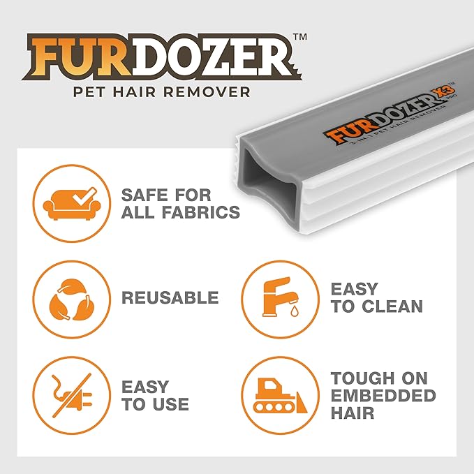 FurDozer Pet Hair Remover & Auto Detailing Tools - Cat & Dog Hair Remover for Carpets, Car Interiors, Couches, Bedding, & Pet Furniture (Gray, X3 PRO - 5" Long)