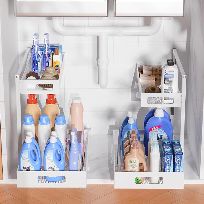 Full Metal Under Sink Organizer 2-Tier, Pull Out Cabinet Organizers and Storage, Silk-Smooth Sliding Drawer for Kitchen, Bathroom, Pantry, Cabinet, Closet (White, 2 Pack)