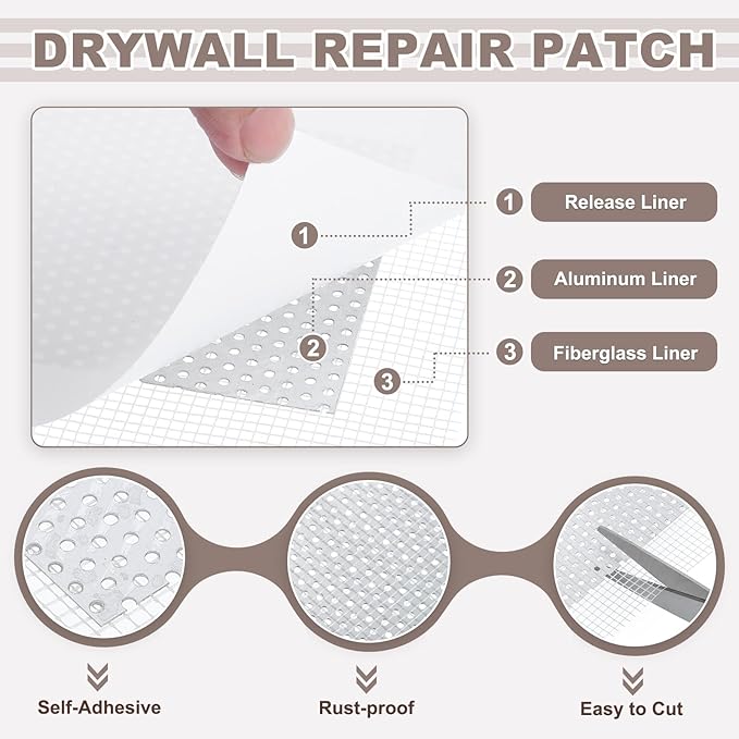 uxcell 6Pcs Drywall Repair Patch, 2x2 Inch Self-Adhesive Aluminum Metal Plaster Wall Patching Mesh, Wall Mending for Quick Fix Wall Hole, Sheetrock Ceiling, White