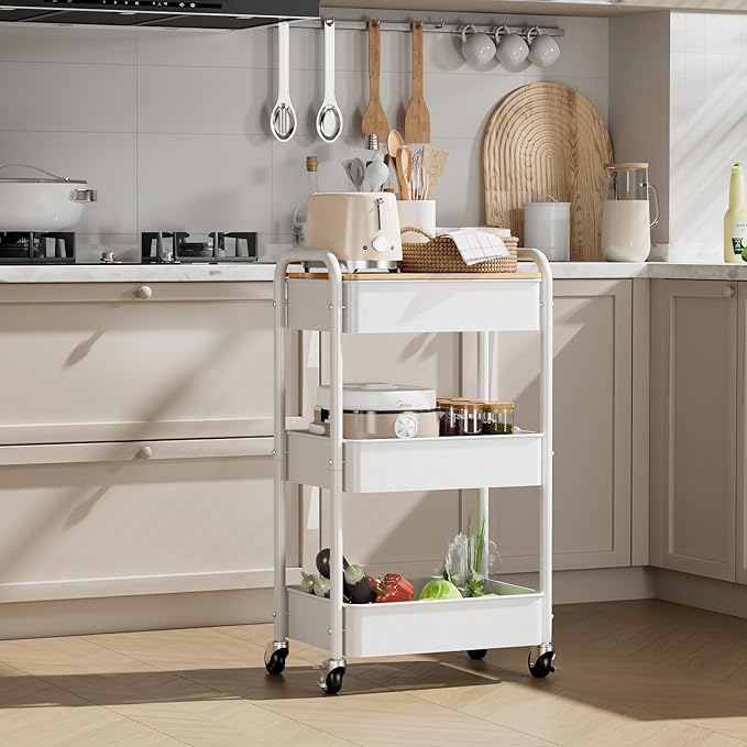 3 Tier Rolling Cart with Table top, Metal Rolling Utility Cart on Wheels, Sturdy Storage Organizer Cart with Hooks for Office, Classroom, Kitchen and Bathroom (White)