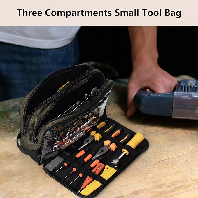 12-Inch Small Heavy Duty Tool Bag, 1680D Green Zippered Organizer with 3 Compartments & Multi-Pockets for Electricians, Mechanics, DIY, Grill & Camping Tools Storage, EDC Gear Utility Pouch
