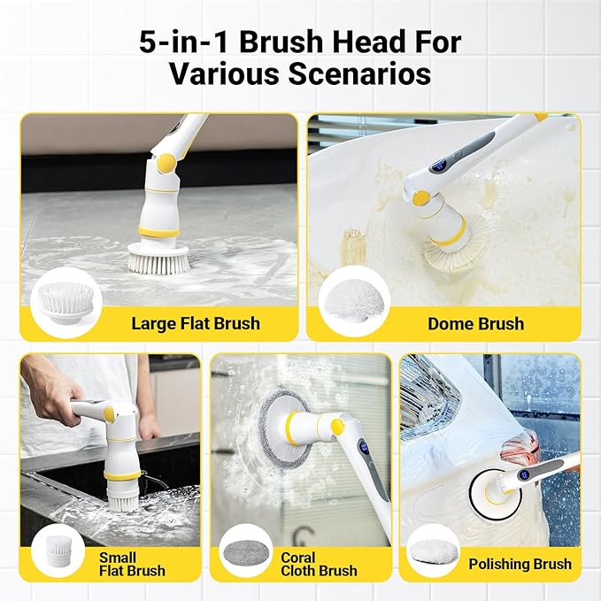 Electric Spin Scrubber, Cordless Cleaning Brush with LED Display, 4 Adjustable Angles, 3 Speeds, 2H Runtime, Adjustable Handle, 5 Brush Heads for Bathroom Tub Kitchen Tile Floor Car