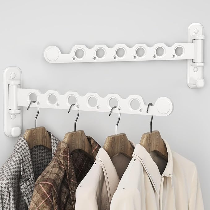 Wall Mounted Clothes Hanger Rack Foldable Drying Rack Hook Folding Indoor for Laundry Room Organization Bedroom Collapsible Racks Perfect for Small Spaces, 6 Hole White 2 Packs