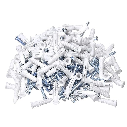 Ribbed Wall Anchors #8-#10 1-Inch with Screws 100-Pack, White, Plastic Anchor for Drywall/Concrete, Pan Head Phillips Screw Included