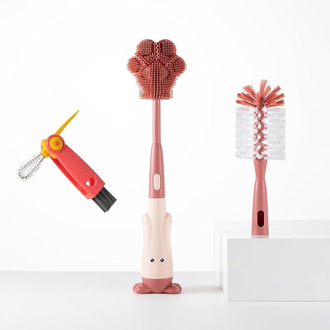 Cup Cleaning Brush, Silicone Baby Bottle Brush with Stand, Large Handle Water Bottle Brush Cleaner Set, with a Tiny Cup Lid Gap Cleaning Brushes Kit, Pawprint, Pink
