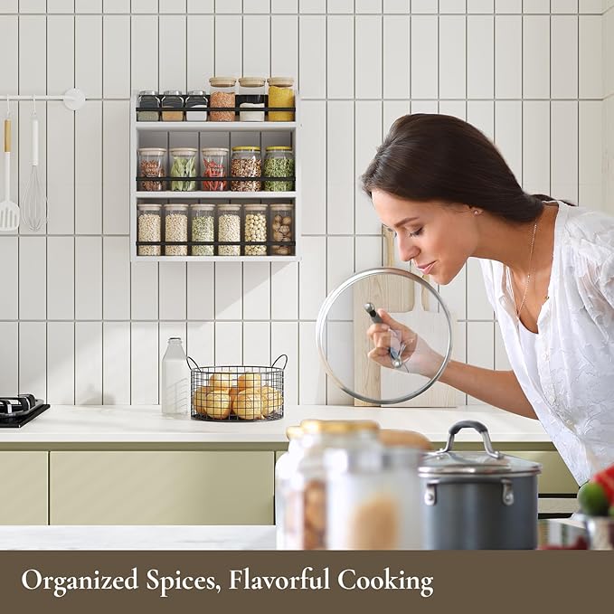 3 Tier Wooden Spice Rack, Seasoning Jars Rack Shelf Spice Organizer for Countertop or Wall Mount, Vertical Spice Holder for Kitchen Counter, Cabinet, Pantry, White
