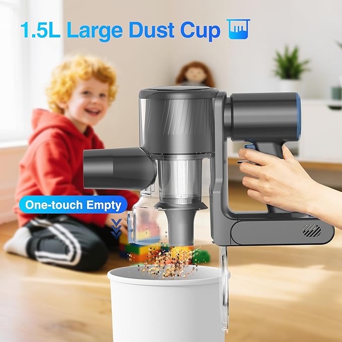 Zefiro Cordless Vacuum Cleaner for Home,450W /40Kpa Stick Vacuum with 50Mins Working Time, Anti-Tangle 1.5L Dust Cup, Rechargeable Wireless Handheld Vacuum for Pet Hair/Carpet/Floor,C10 (Gray)