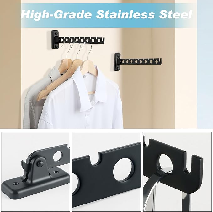 Alise Folding Clothes Hanger Rack,Wall Mounted Clothes Bar-Hanger Holder Hooks Heavy Duty Drying Rack Space Saving Clothing Hanging System Closet Storage Organizer,YHD1008-B Matte Black